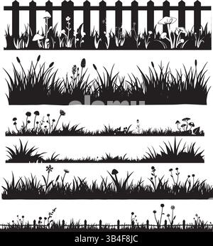 Grass Border Silhouettes – Black and White Vector of Botanical Edges, Wild Vegetation, and Nature Design Elements Stock Vector