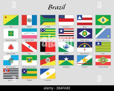 A collection of Brazilian state flags displayed with names labeled underneath, arranged neatly in a grid Stock Vector