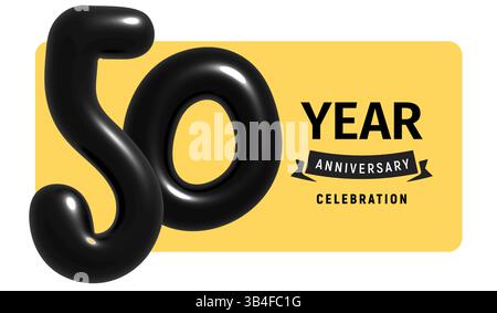 50 Year Anniversary Celebration Banner With Glossy Black Balloon Numbers And Yellow Background. Perfect For Milestone Events And Parties. Vector Stock Vector