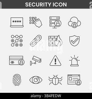 Security Icon Set Minimal Line Art Symbols of Cyber Safety, Surveillance, Firewall, Lock, and Privacy – Vector Design Stock Vector