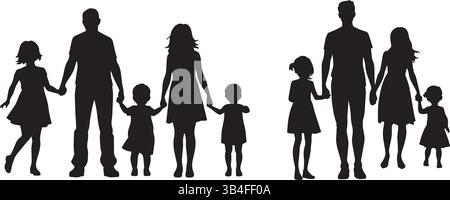 Black and White Family Silhouettes – Vector Stock Illustration of Parents and Children in Standing Poses Stock Vector