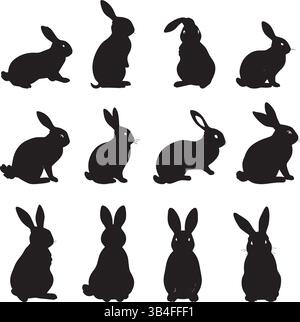 Rabbit Silhouettes Collection – Black and White Minimalist Bunny Poses and Vector Animal Outline Designs Stock Vector