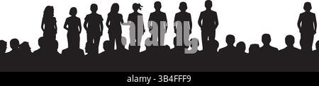 Large Crowd Silhouette in Black and White – Minimalist Monochrome Illustration of Diverse People Standing Together Stock Vector