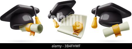 3d graduation icons set with black mortarboard caps diploma paper scrolls gold ribbons and medal Stock Vector