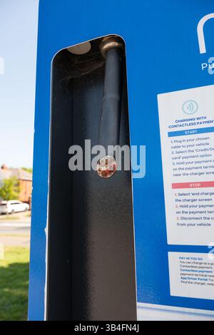 Mer Electric car charging station vandalism and theft of all the electric cables and connectors of three charging stations in Eastleigh Hampshire UK. Stock Photo