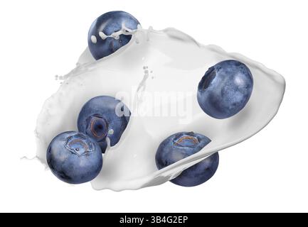 Milk splash and fresh blueberries in air on white background Stock Photo