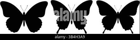 Silhouettes of three butterflies in a horizontal row on a white background, symmetrical black insect designs ideal for decorative borders, prints Stock Vector