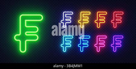 Franc currency sign in neon green with five smaller glowing versions in multicolor. Stylish layout with bright digital lighting on a dark backdrop. Stock Vector