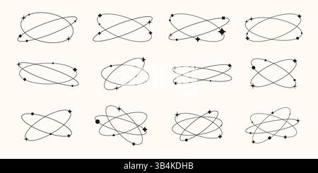 Vector illustration. Set of geometric orbit with dynamic stars, circles, shapes. Design element for poster, book or magazine cover, layout, flyer Stock Vector