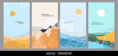 Vector illustration. Hand drawn background set with marker strokes. Hills with clear sky. Doodle childish landscape with line pattern shapes Stock Vector