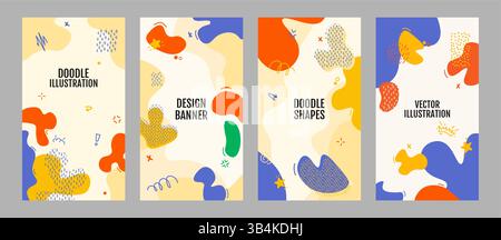 Vector illustration. Abstract modern flat style background. Dynamic composition of drawn fluid twisted elements and memphis pattern Stock Vector