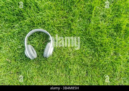 Grey over-ear headphones lying on a vibrant green grass lawn. Perfect for themes of music, relaxation, and outdoor leisure Stock Photo