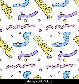 Naive cartoon seamless pattern featuring pastel abstract doodle geometric shapes like wavy lines, spirals, and confetti dots on a white background. Pe Stock Vector