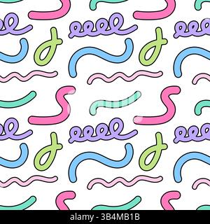 Seamless pattern with colorful naive cartoon abstract doodles geometric shapes like wavy lines, and swirls on a white background. Ideal for baby or wo Stock Vector