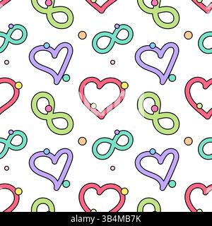 Seamless pattern featuring doodles red and purple hearts, green infinity symbols, or loops, and confetti on a white background. Perfect for romantic d Stock Vector
