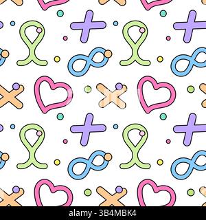 Seamless pattern with colorful pastel doodles hearts, infinity symbols, or loops, crosses, or pluses, and confetti dots on a white background. Ideal f Stock Vector