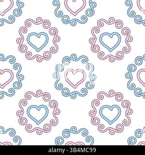 Romantic seamless pattern featuring in soft pastel colors pink and blue tones hearts framed with elegant swirling designs on a white background. Ideal Stock Vector