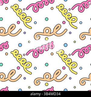 Funny naive cartoon seamless pattern with colorful abstract doodles geometric shapes like spirals, swirls, and confetti dots on a white background. Pe Stock Vector