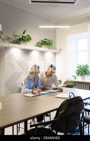 Two colleagues collaborating on a project in a modern office environment Stock Photo