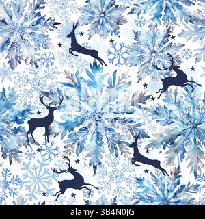 Seamless background watercolor snowflakes with deer. hand drawing. Not AI, Vector illustrations Stock Vector
