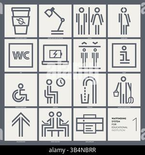 Wayfinding system for educational instiution 01 - Linear and simple pictograms for an orientation system - wayfinding - suitable for a school or educa Stock Vector