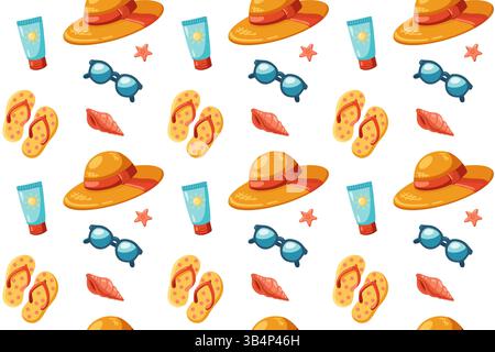 Seamless Summer Pattern with beach straw Hats, Sunglasses, Flip-flops, sunscreen tubes, red Shells and little Starfish Stock Vector