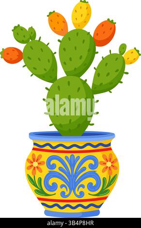 Green cactus with orange and yellow fruit in a decorative Mediterranean-style ceramic flower pot Stock Vector