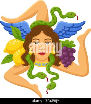 Sicilian Trinacria symbol with three legs, woman's head, lemons, grapes, snakes, and wings Stock Vector