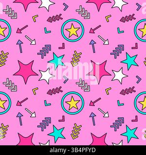 Cute vibrant seamless pattern in Memphis and naive cartoon styles featuring with colorful stars in rings and arrows on a pink background. Ideal for ki Stock Vector