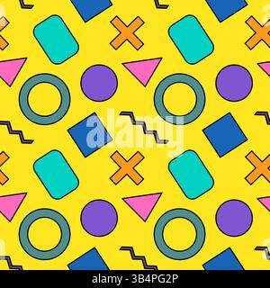 Vintage Memphis seamless pattern with circles, rings, triangles, crosses, rectangles, and zigzag lines on a bright yellow background. Perfect for retr Stock Vector