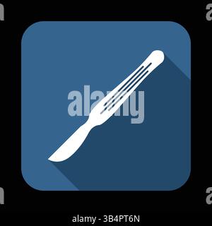 Minimalist Surgical Scalpel Icon with Long Shadow on Blue Background, Representing Medical Instruments and Healthcare Equipment in Clean Design Stock Vector