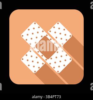Crossed White Adhesive Bandages Icon with Long Shadows on Peach Background, Symbolizing Medical Care, Healing, and First Aid Stock Vector
