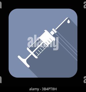 Medical Syringe Icon with Droplet in Flat Design, Healthcare and Vaccination Symbol, Blue Background, Long Shadow Vector Art Stock Vector