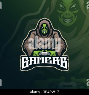 Gamer mascot logo design with modern illustration concept style for badge, emblem and t shirt printing. Alien gamer illustration for sport team. Stock Vector