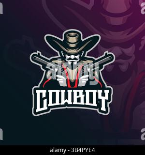 Cowboy mascot logo design with modern illustration concept style for badge, emblem and t shirt printing. Cowboy head illustration with guns in hand. Stock Vector