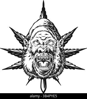 Gorilla Head with Cannabis Leaf Frame Silhouette Mascot vector illustrations for your work logo, merchandise t-shirt, stickers and label designs, post Stock Vector