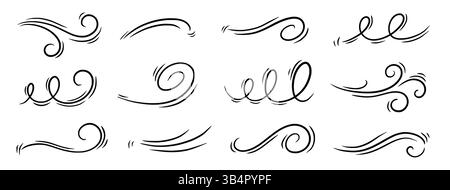 Wind line air swirl vector icon set. Hand drawn doodle wind motion, air blow, swirl doodle elements. Sketch drawn air blow motion, smoke flow wave, abstract line. Isolated vector illustration Stock Vector