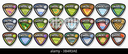 Vector Sport Logos Set, group of simple stickers with flying ball on curved trajectory, collection of minimal design black sports signs with game equi Stock Vector