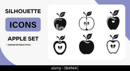 Apple Icon Set – Black and White Fruit Illustrations, Minimalist Apple Silhouettes and Cut Designs Stock Vector