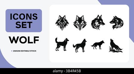 Wolf Silhouette and Head Icon Set – Wild Animal Vector Illustrations, Tribal and Howling Wolf Graphics Stock Vector