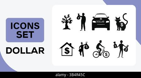 Money and Wealth Icon Set – Black Silhouettes of Finance, Dollar Symbols, and Investment Concepts Stock Vector
