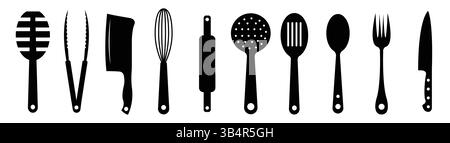 Silhouettes of Kitchen Utensils and Cooking Tools on White Background Stock Vector