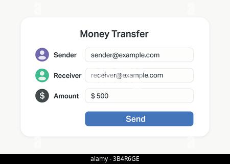 Interface for sending funds between accounts, showing names, amount, and action button Stock Vector