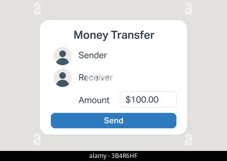 Interface for sending funds between accounts, showing names, amount, and action button Stock Vector