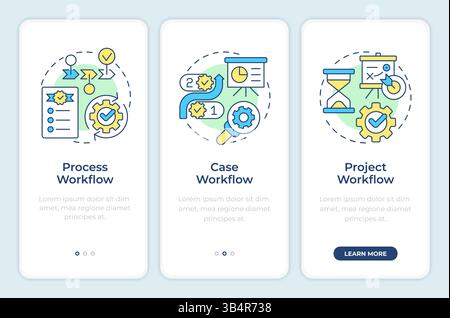 Workflow types onboarding mobile app screen Stock Vector