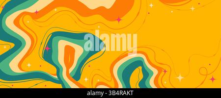 Abstract Background with Multicolored Shaky Lines and Curls on Yellow Background. Earthy design with molten shapes and retro colors. Ideal for bold Stock Vector
