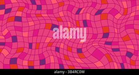Wavy Pink Checkered Pattern on Vibrant Background. Flowing retro grid with pink, orange, and purple tiles, dynamic and playful design. Perfect for Stock Vector