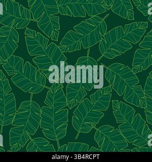 Tropical Banana Leaf Seamless Pattern Isolated on Green Background. Playful and vibrant leafy background with tropical foliage, bold shapes, and Stock Vector