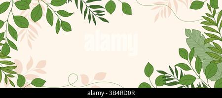 Elegant Green Botanical Frame with Tropical Leaves on Beige Background and Leaf Silhouettes. Natural and organic lush greenery. Perfect for Stock Vector