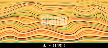 Abstract Yellow Wavy Lines Pattern With Vibrant Retro Colors. Dynamic multicolored vintage design with flowing stripes. Perfect for branding Stock Vector